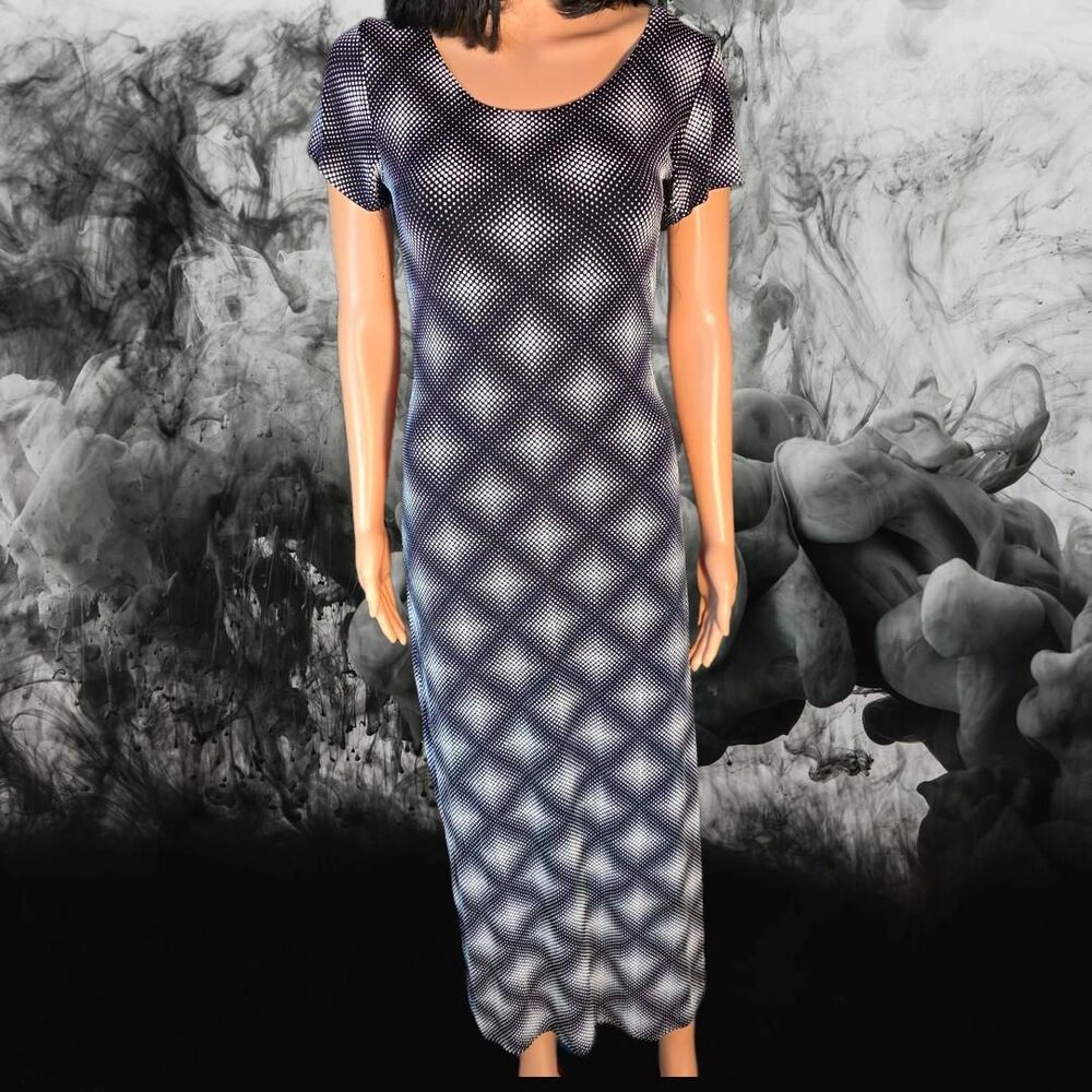 Vintage Axxess Black Bodycon Dress • Raised White Rubber Spots • Side Slit • Ful